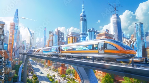 Futuristic Cityscape with Elevated Train and Modern Skyscrapers in Bright Daylight