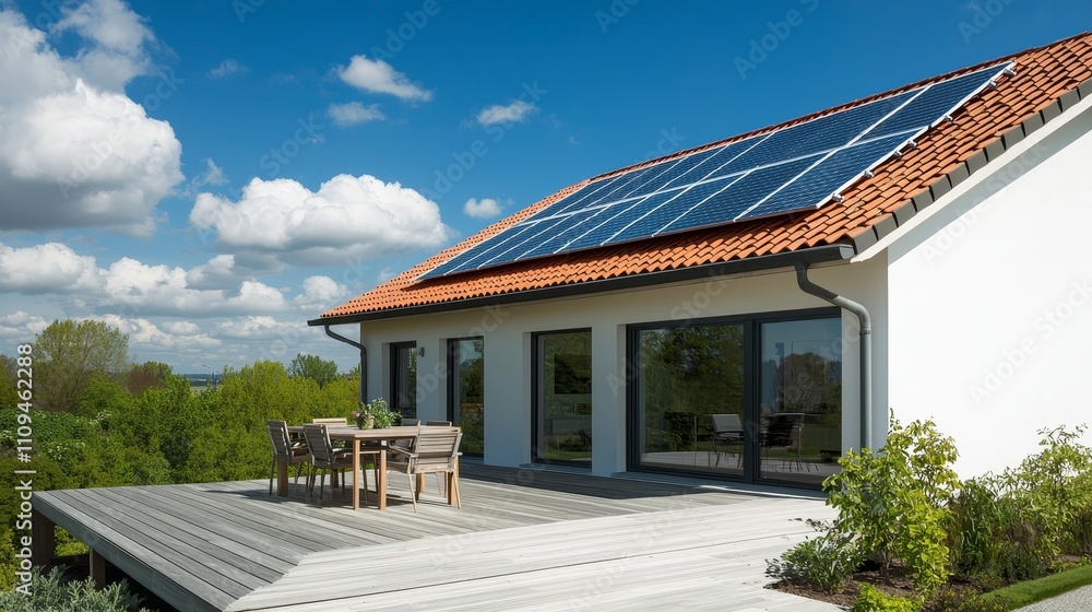 Sustainable Modern White House with Solar Panels and Wooden Deck in Lush Green Landscape - Eco-Friendly Architecture and Elegant Outdoor Living Concept Sustainable Modern White House with Solar Panels and Wooden Deck in Lush Green Landscape - Eco-Friendly Architecture and Elegant Outdoor Living Concept