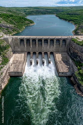 Symmetrical Concrete Dam with Churning Spillways in Serene Valley - Engineering Marvel in Tranquil Landscape