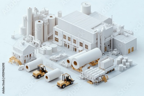Symmetrical Paper Mill Complex with Industrial Machinery and Paper Rolls in Isometric View - Clean, Minimalist Factory Floor Setting - Industrial Efficiency Concept