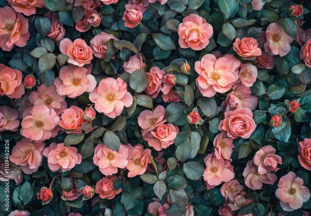 Fototapeta premium A Lush and Vibrant Floral Background Featuring Delicate Pink Roses, Buds, and Green Leaves Perfect for Nature-Themed Designs and Creative Projects