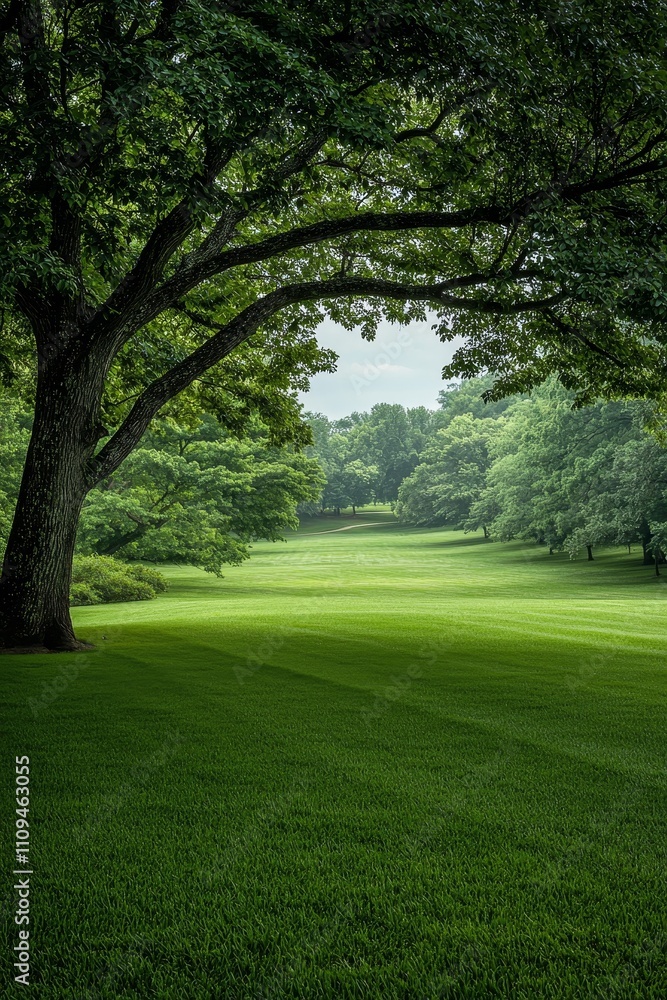 Naklejka premium Tranquil Archway Majestic Tree Frame in Lush Greenery Landscape, Serene Nature Scene with Overcast Sky - Ideal for Relaxation Themes