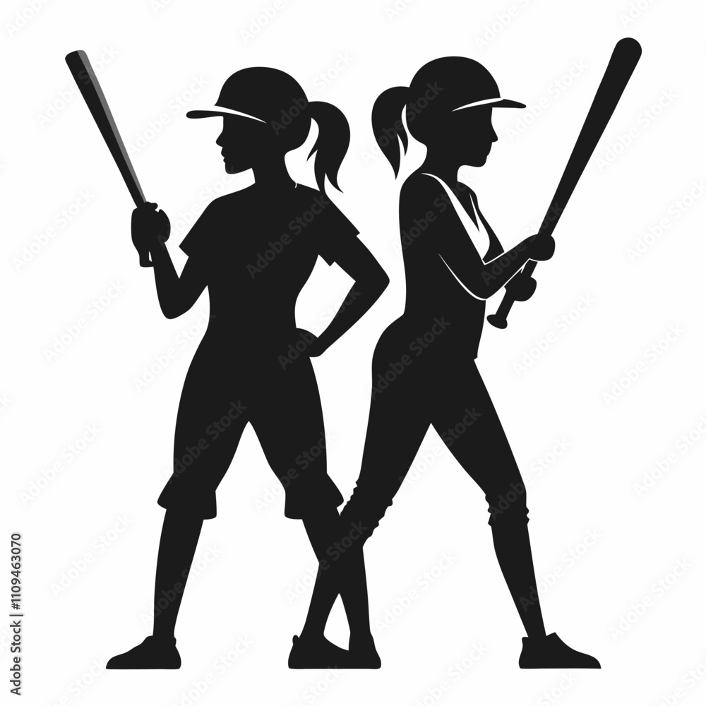 Silhouette of female baseball player on isolated Silhouette of female baseball player on isolated