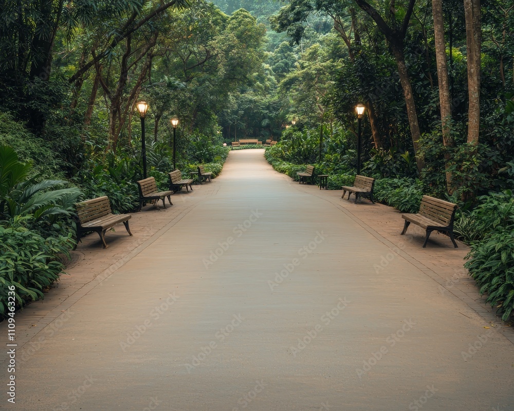 Tranquil Forest Pathway Serene Greenery in Symmetrical Park Setting - Peaceful Nature Walk, Relaxation, Park Retreat