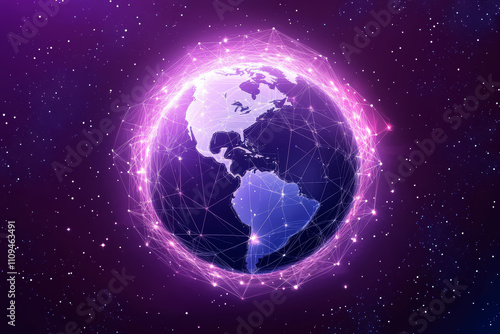 Purple holographic glowing globe from space inside digital network grid. Concept of metaverse, matrix, web 3.0, global connections. 
