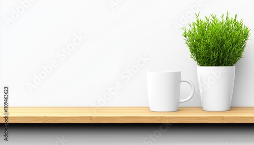 A minimalist shelf with a white mug and a potted plant.