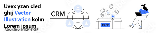 CRM text, globe connections, software box, woman using laptop, blue and black accents. Ideal for CRM systems, networking, software solutions, technology, user interaction, global business. Landing