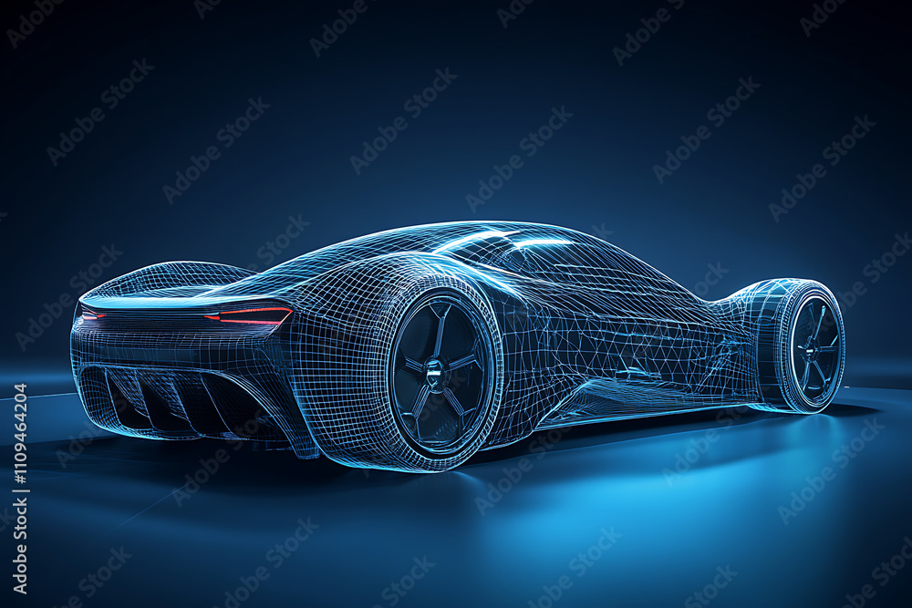 Naklejka premium A futuristic wireframe car model illuminated in blue, showcasing design and technology concepts.