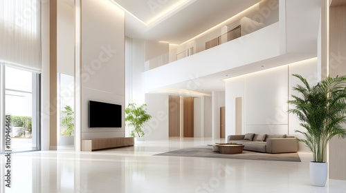 A modern living room with a white kitchen and dining room