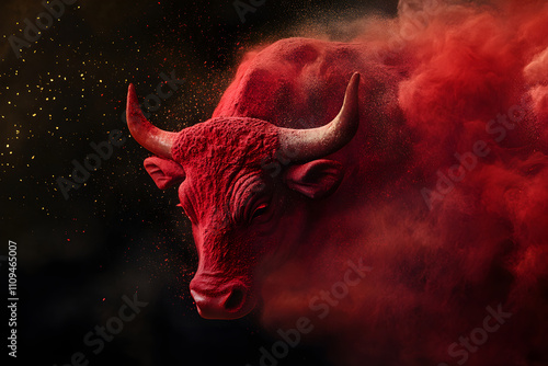 vibrant red bull emerging from colorful powder clouds, symbolizing strength and energy