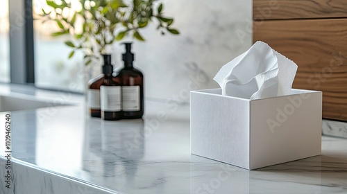 White Tissue Box on Marble Counter with Plants and Bottles