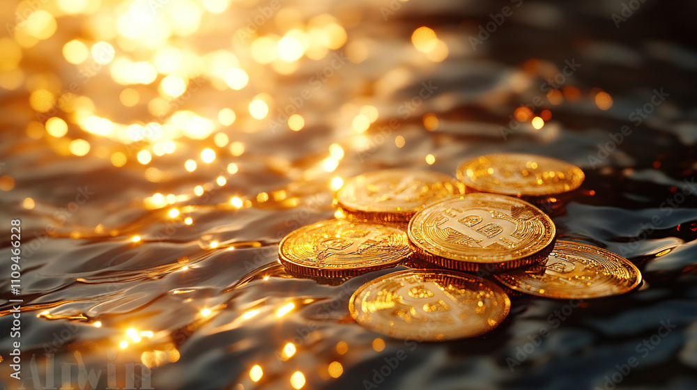 Golden coins resting on shimmering water surface reflecting sunlight in a tranquil setting. Generative AI Golden coins resting on shimmering water surface reflecting sunlight in a tranquil setting. Generative AI