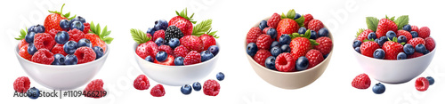 A vibrant arrangement of fresh strawberries, blueberries, and raspberries in various bowls.
