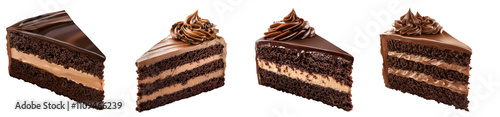Four slices of rich chocolate cake, showcasing layers of moist sponge and creamy frosting, topped with decorative chocolate swirls.