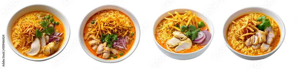 A collection of four bowls filled with noodles, garnished with herbs, vegetables, and protein, showcasing a vibrant and appetizing presentation. A collection of four bowls filled with noodles, garnished with herbs, vegetables, and protein, showcasing a vibrant and appetizing presentation.