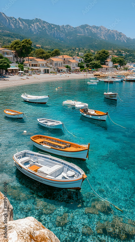 Obraz premium Calm bay with small boats moored near a picturesque coastal village under a clear blue sky.