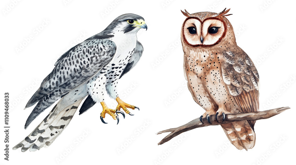 Obraz premium A falcon and an owl in a natural setting, showcasing their unique features and perched poses in nature.