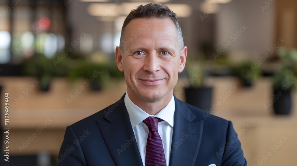 a middle-aged businessman, wearing a dark blue suit and a red and white striped tie. His expression is confident and smiling a middle-aged businessman, wearing a dark blue suit and a red and white striped tie. His expression is confident and smiling