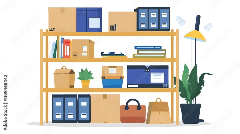 Organized Home Office Shelf with Boxes Books Plants Organized Home Office Shelf with Boxes Books Plants