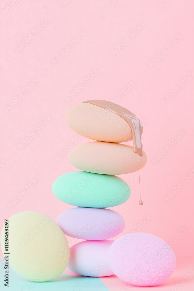 geometric stack of pastel color beauty sponges on a pastel solid color background, splash of beige makeup behind the sponges geometric stack of pastel color beauty sponges on a pastel solid color background, splash of beige makeup behind the sponges
