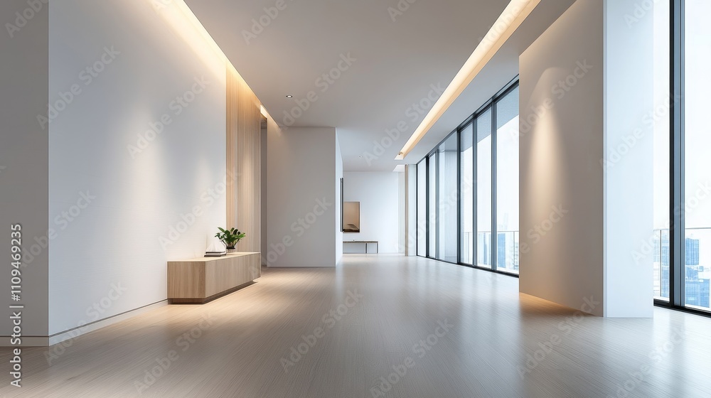 A large open living room with a view of the city A large open living room with a view of the city