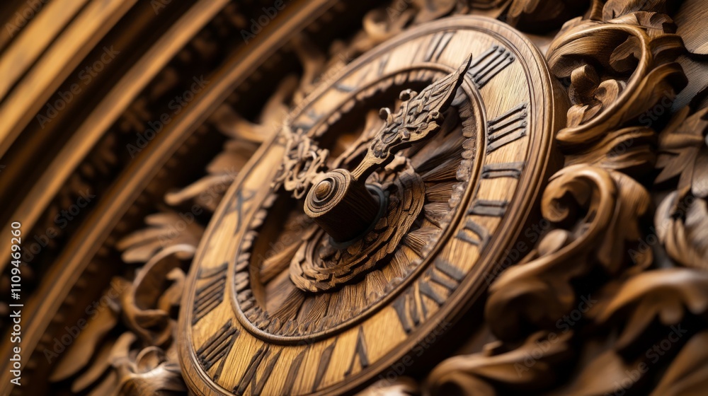 Obraz premium Intricate Wooden Clock, showcasing exquisite carvings, merging artistic craftsmanship with practical design, a timeless piece reflecting elegance and tradition.