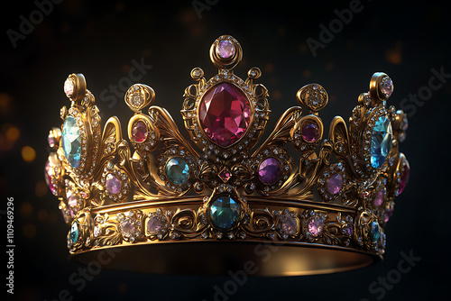 A beautifully ornate crown adorned with colorful gemstones, symbolizing royalty and elegance.