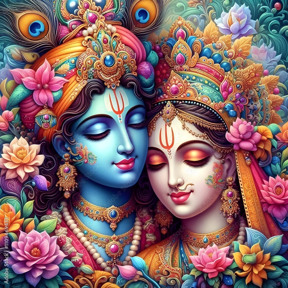 Krishna and Radha’s Close-Up Amidst Colorful Floral Motifs Krishna and Radha’s Close-Up Amidst Colorful Floral Motifs