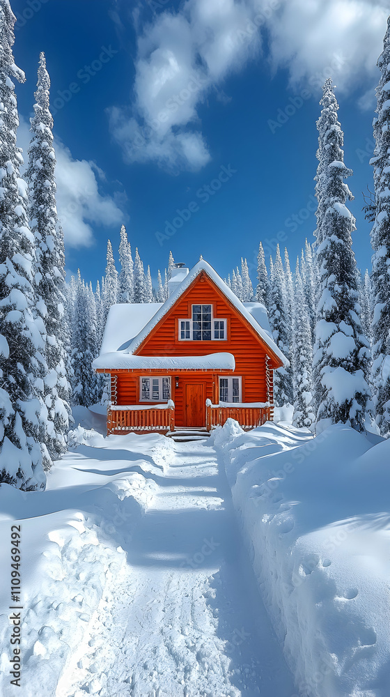 Cozy orange cabin nestled in a snowy winter forest. Cozy orange cabin nestled in a snowy winter forest.
