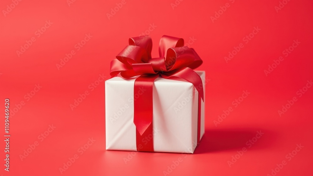 Obraz premium A single, white gift box adorned with a bright red bow sits against a vibrant red background, ready to be opened.