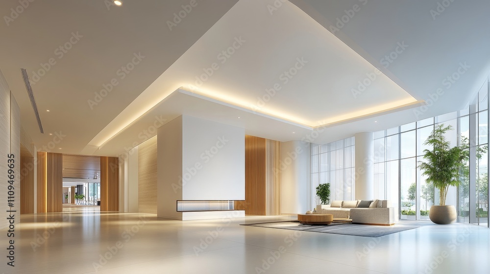 Fototapeta premium The two images show a modern living room with a large window overlooking a city