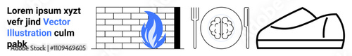 Brick wall with flame, text, brain on plate with fork and knife, and athletic shoe. Ideal for modern lifestyle, fitness, mental health, dining, education, urban culture, and motivation. Landing page