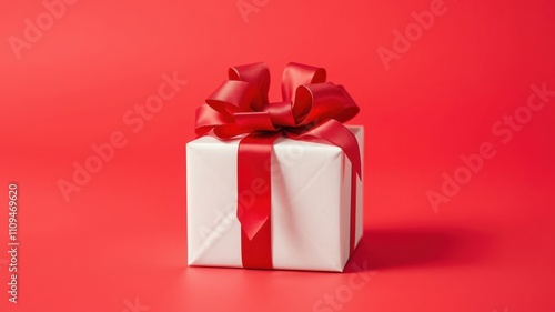 A single, white gift box adorned with a bright red bow sits against a vibrant red background, ready to be opened.