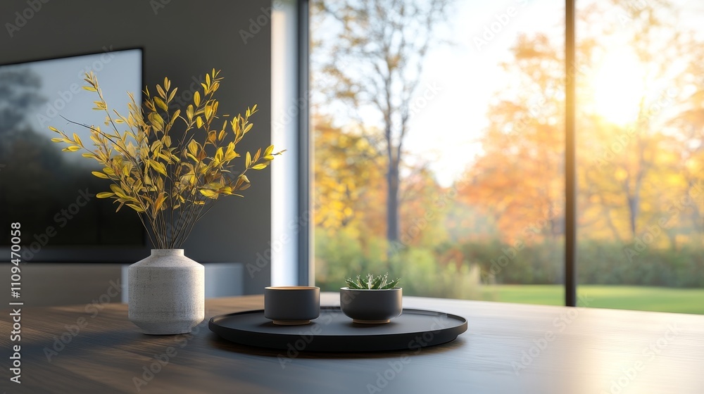 A vase with yellow flowers sits on a table next to a tray with two small bowls A vase with yellow flowers sits on a table next to a tray with two small bowls