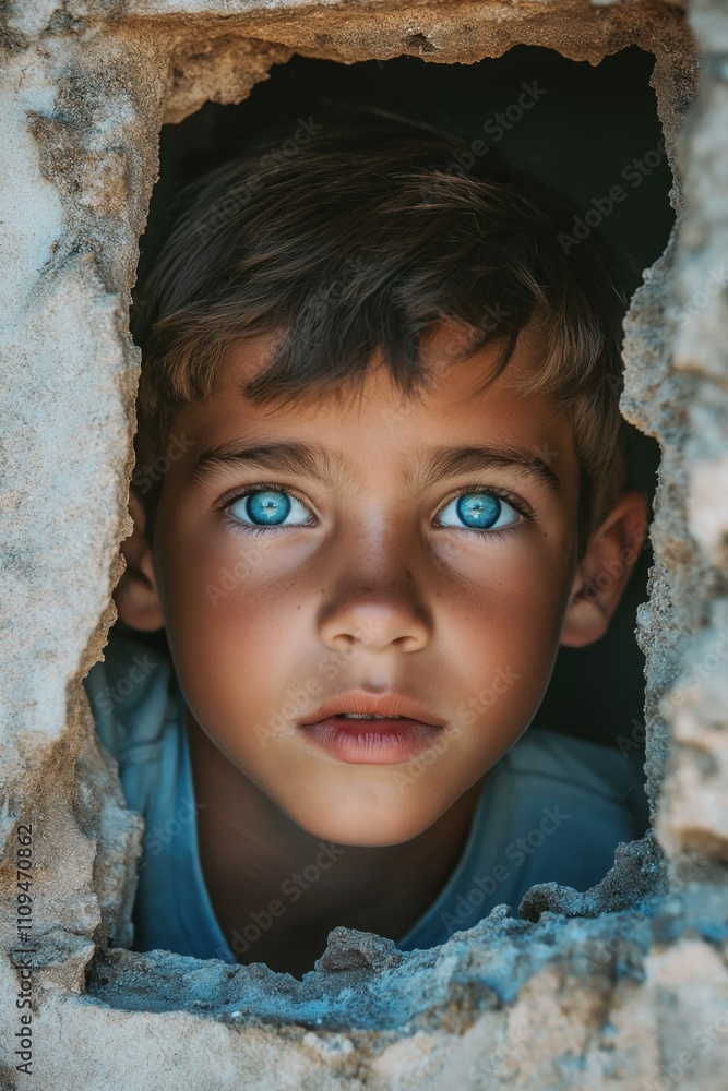 A young boy with blue eyes is looking out of a hole in a wall. The boy's eyes are wide open, and he is staring at something outside. The image has a sense of curiosity and wonder A young boy with blue eyes is looking out of a hole in a wall. The boy's eyes are wide open, and he is staring at something outside. The image has a sense of curiosity and wonder