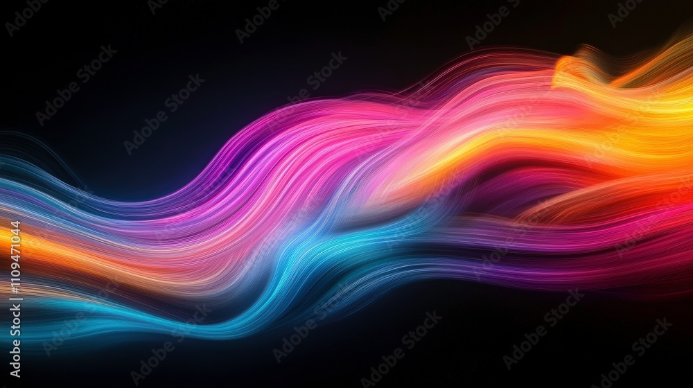 Colorful Light Trails on a Dark Background with Vibrant Waves Representing Energy, Motion, and Creativity in Abstract Art Form for Visual Projects Colorful Light Trails on a Dark Background with Vibrant Waves Representing Energy, Motion, and Creativity in Abstract Art Form for Visual Projects