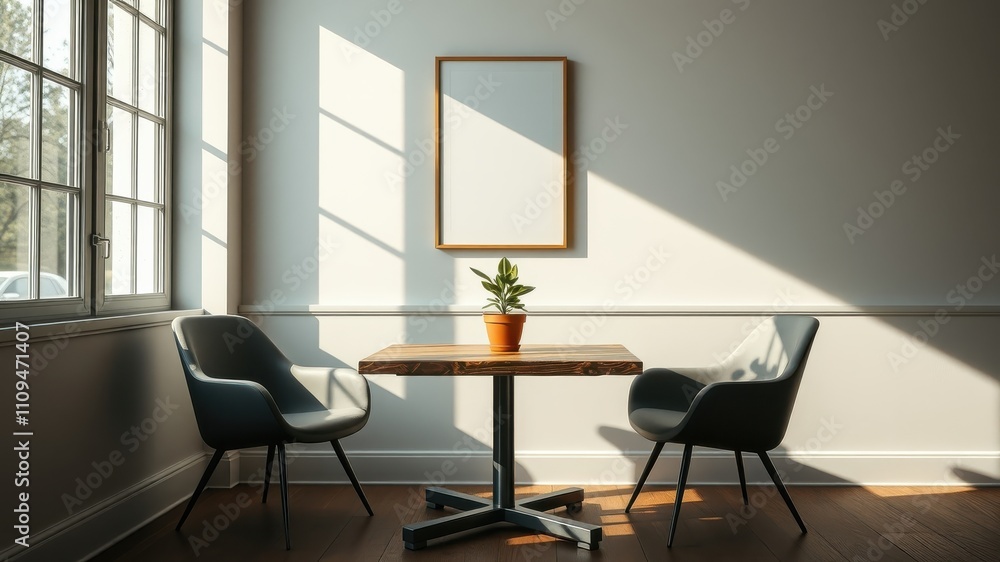 Minimalist Interior Design with Wooden Table and Chairs, Sunlight Streaming Through a Window and Illuminating a Blank Picture Frame Minimalist Interior Design with Wooden Table and Chairs, Sunlight Streaming Through a Window and Illuminating a Blank Picture Frame