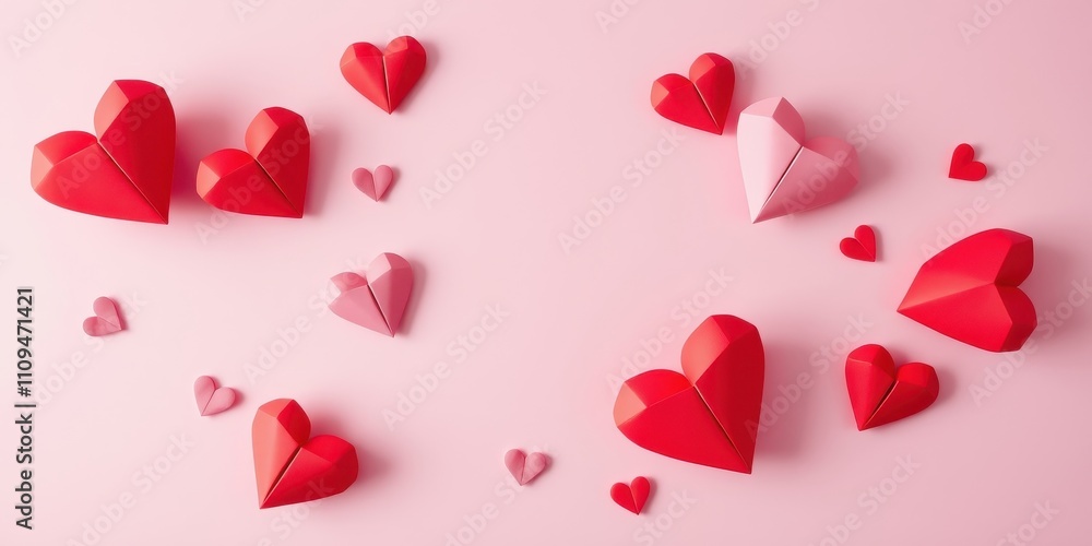 A scattering of folded paper hearts in various shades of red and pink, creating a vibrant and joyful display of love and affection. A scattering of folded paper hearts in various shades of red and pink, creating a vibrant and joyful display of love and affection.