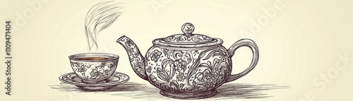 An ornate teapot with a steaming cup, showcasing a classic tea-drinking moment.