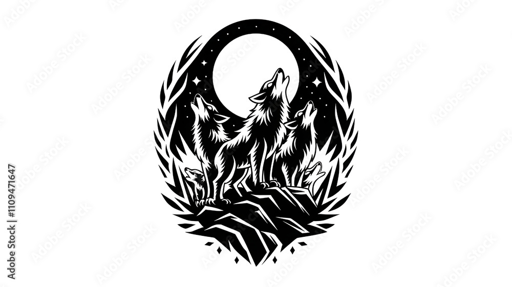 Obraz premium Wolves Howling at a Full Moon with Laurel Branches and Starry Night Sky
