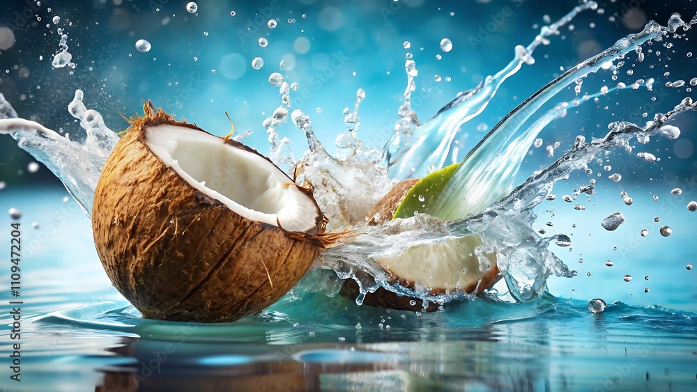 A coconut freshly plucked falling into the clear water. A coconut freshly plucked falling into the clear water.