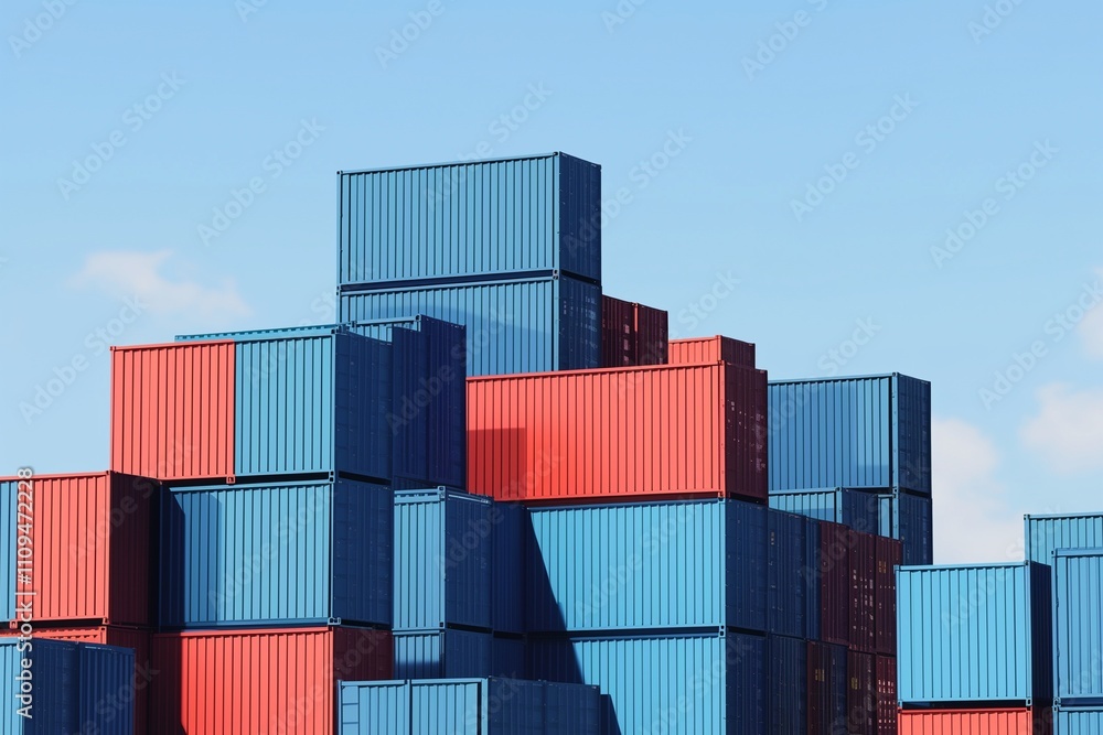 Fototapeta premium Stack of blue container boxes with sky background