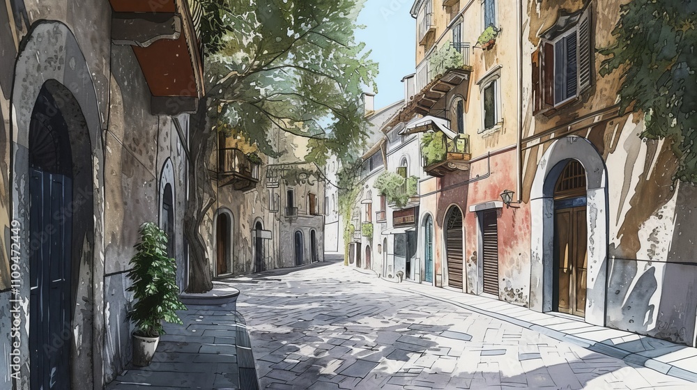 Fototapeta premium A lively hand-drawn illustration of a sunlit European street, lined with rustic buildings, lush greenery, and vintage architectural elements. AI generated.