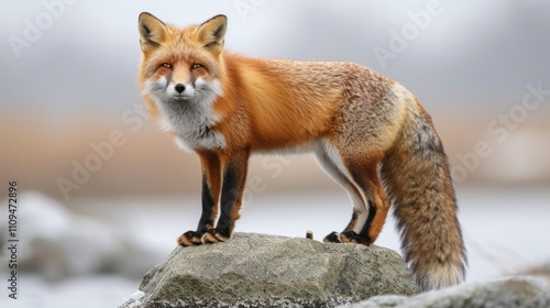 Red fox standing on rock, winter.