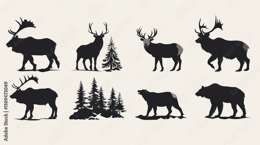 Naklejka premium Silhouette collection of deer, wolf, bear, and pine trees.