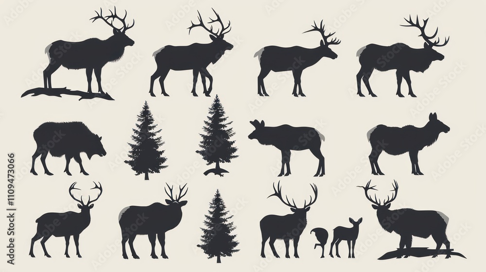 Naklejka premium Collection of elk and deer silhouettes with trees.