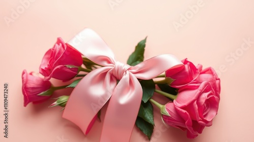 Delicate pink roses tied with a graceful satin bow, resting gently on a soft blush background.
