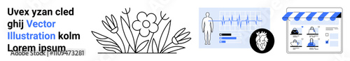 Flowering plant, human figure with EKG monitor, and digital storefront with shopping icons. Ideal for health, nature, online shopping, technology, education creativity marketing. Landing page