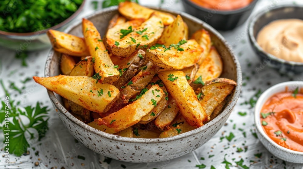 Crispy potato wedges in bowl with dips. Crispy potato wedges in bowl with dips.