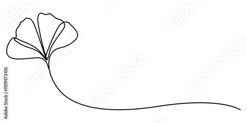 Ginkgo Leaf Continuous Line Drawing with Editable Stroke and Watercolor Elements, Ginkgo Biloba Leaves On White Background, Fresh ginkgo biloba green leaf continuous one line drawing, Ginkgo biloba. 
